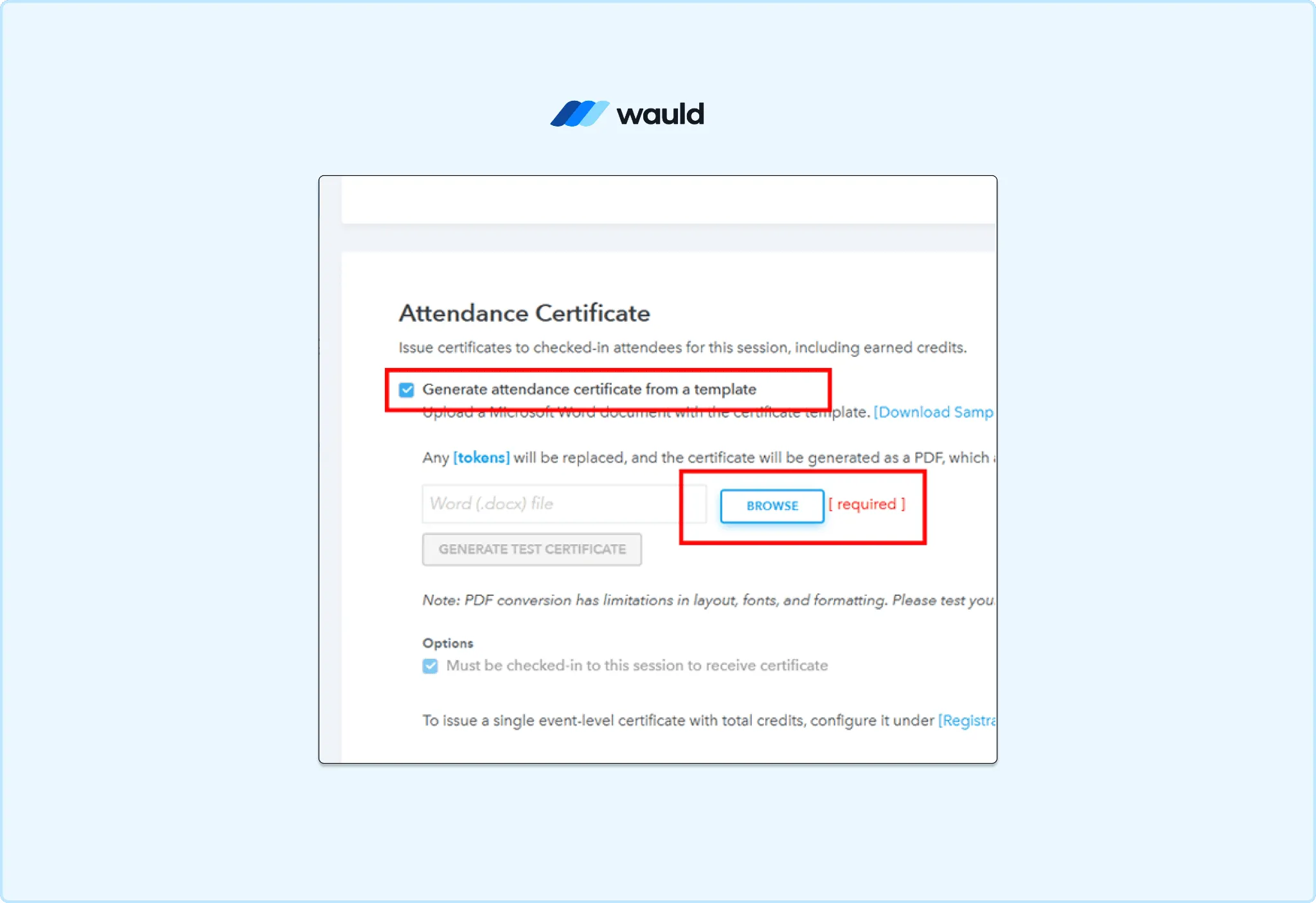 Eventleaf attendance certificate settings displaying template generation option and Word document upload field for certificate creation.