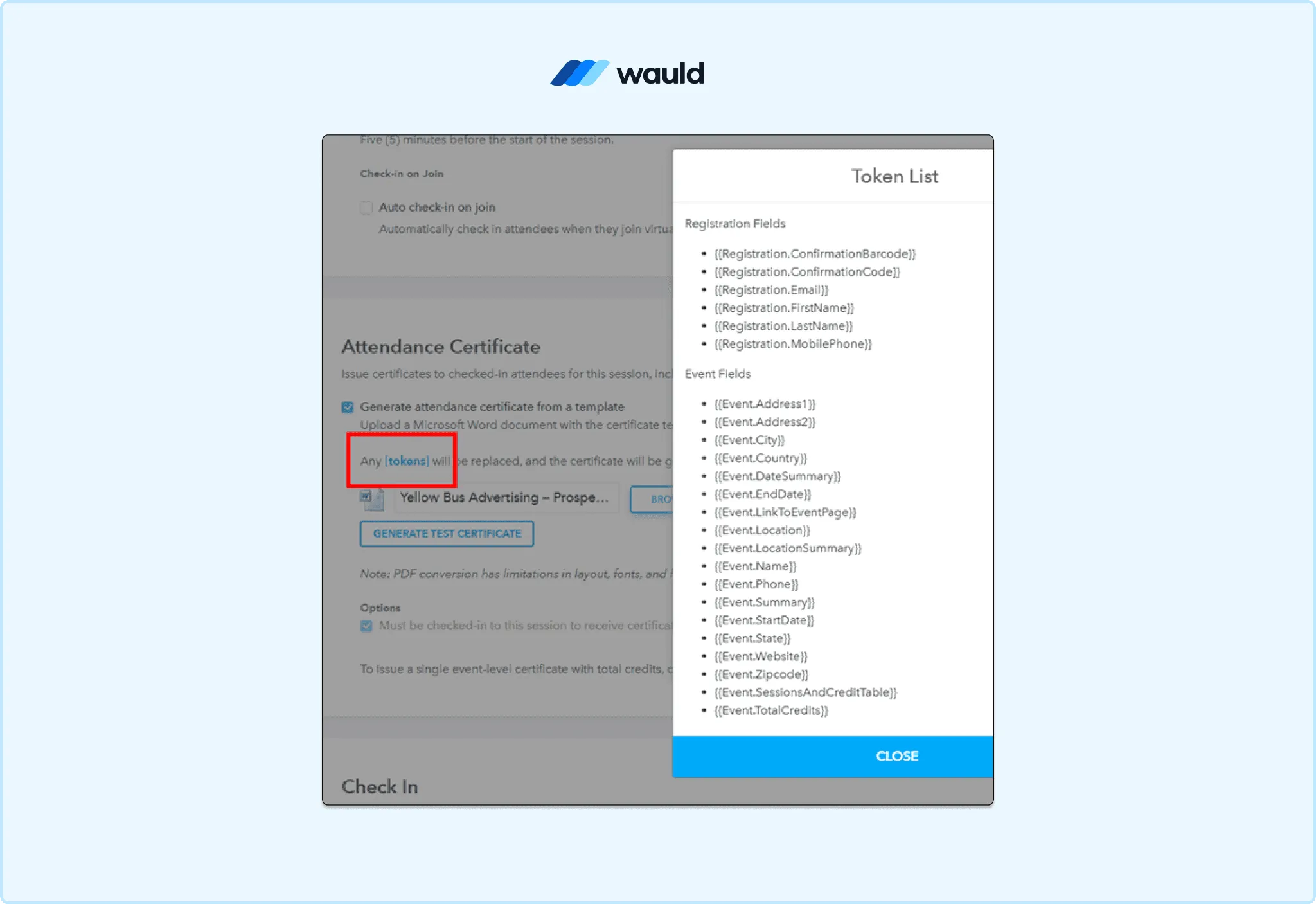 Eventleaf token list modal showing available registration and event data fields that can be inserted into certificate templates.