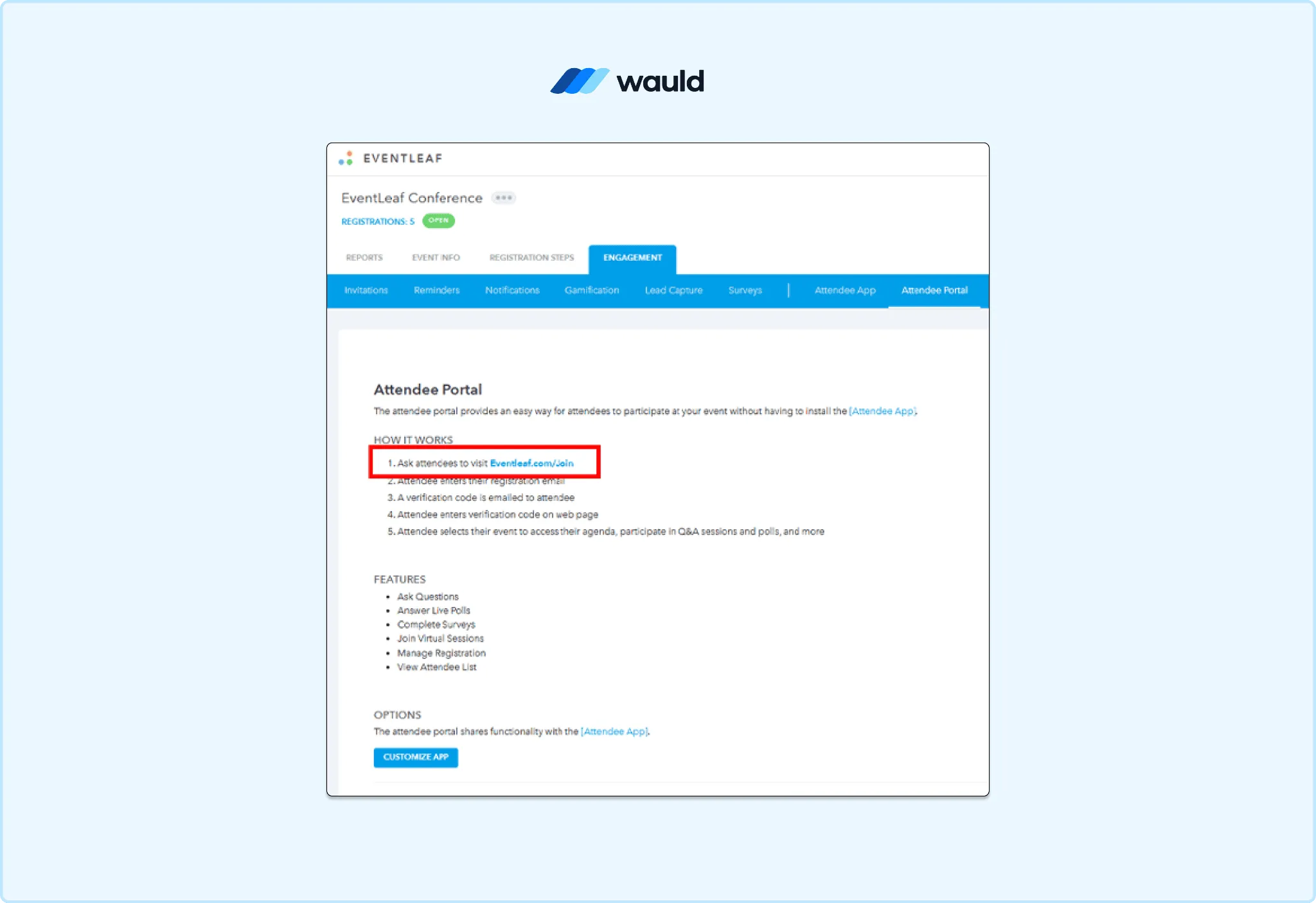 Eventleaf attendee portal page displaying participant access instructions and self-service event resources.