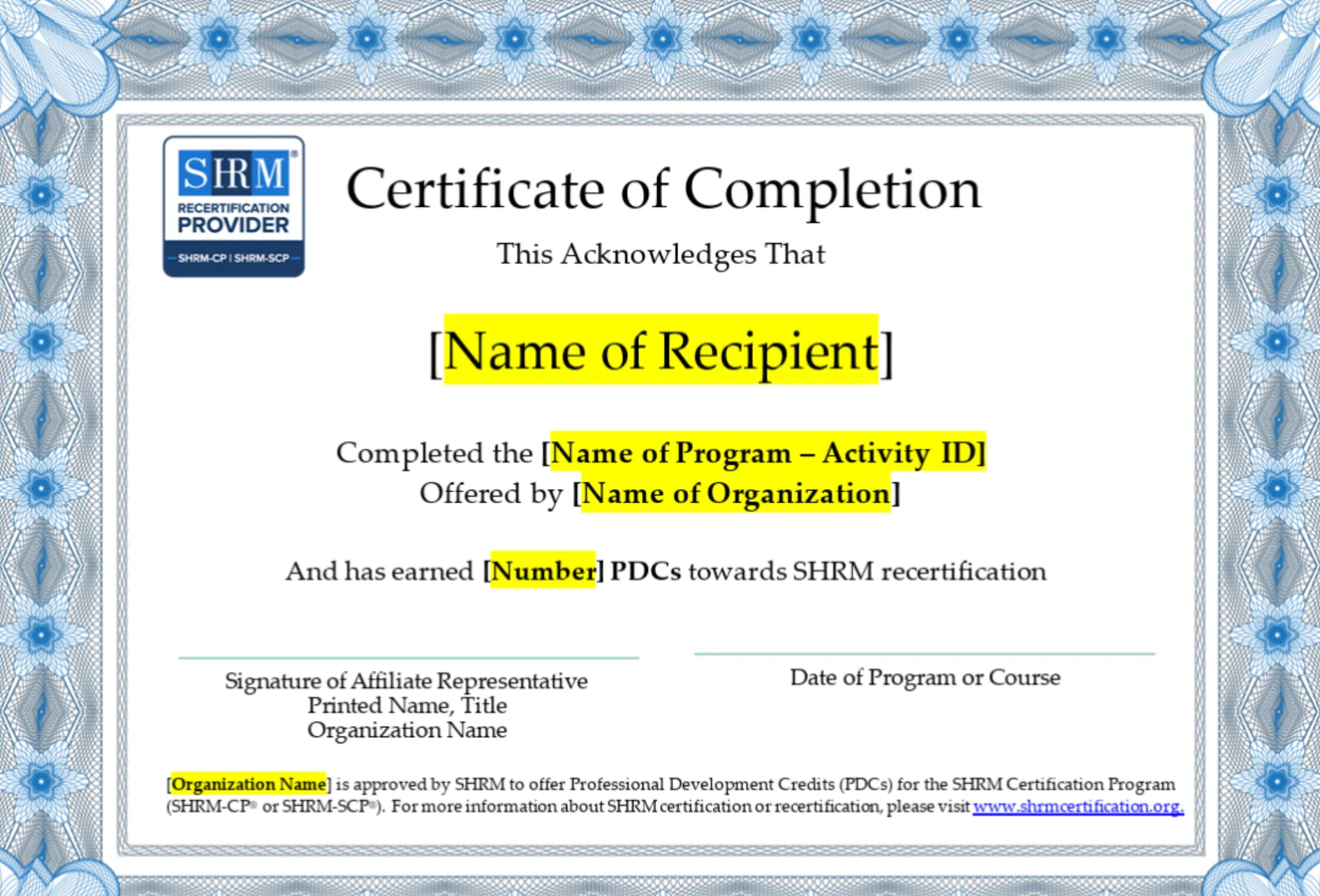 SHRM PDC Certificate Template showing required fields