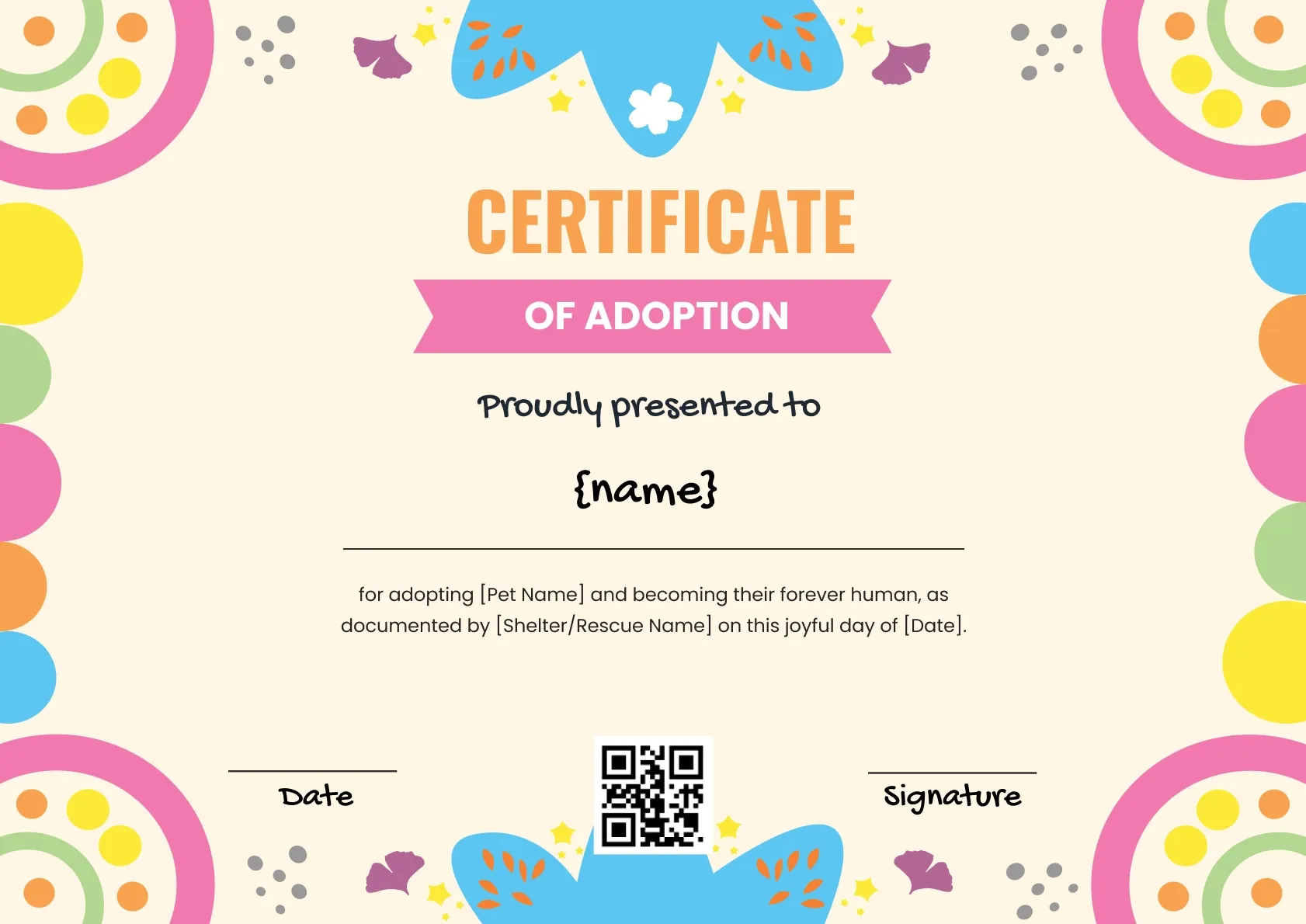 Simple and playful pet adoption certificate template