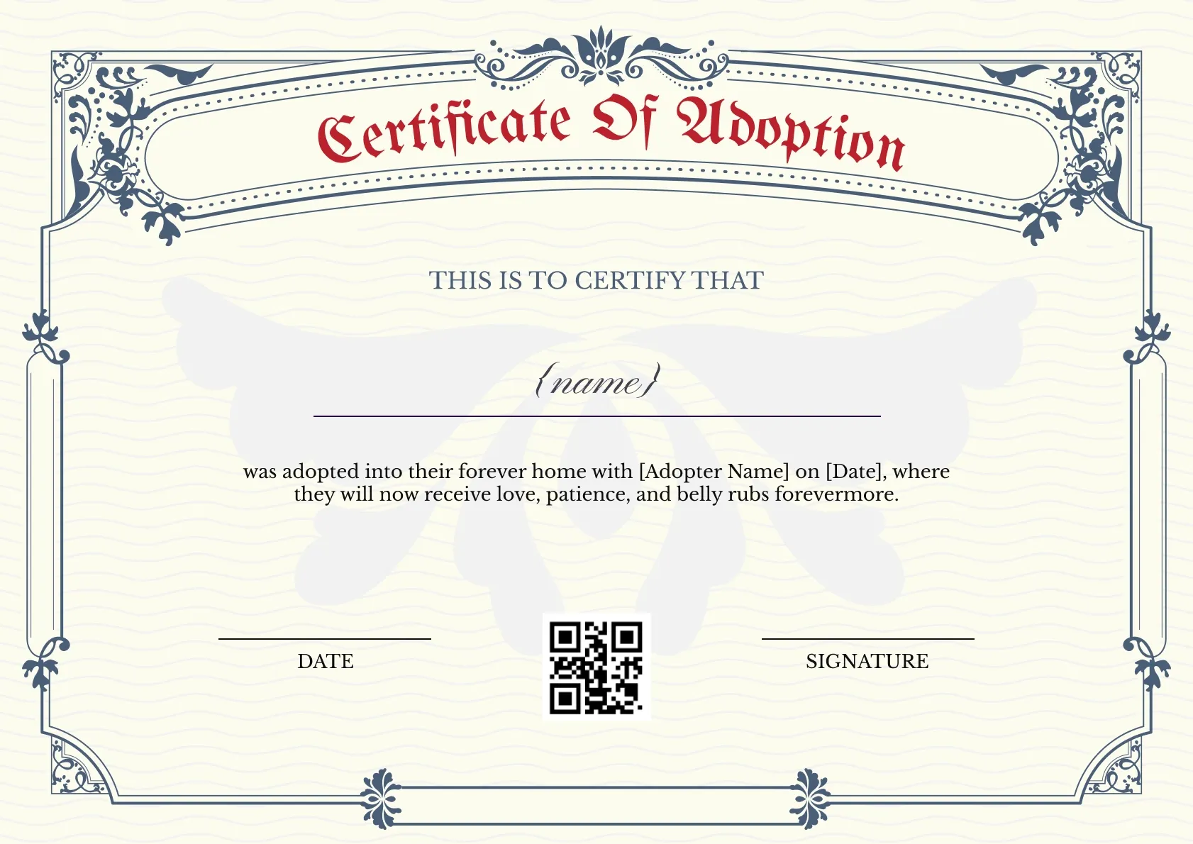 Sleek and royal pet adoption certificate template