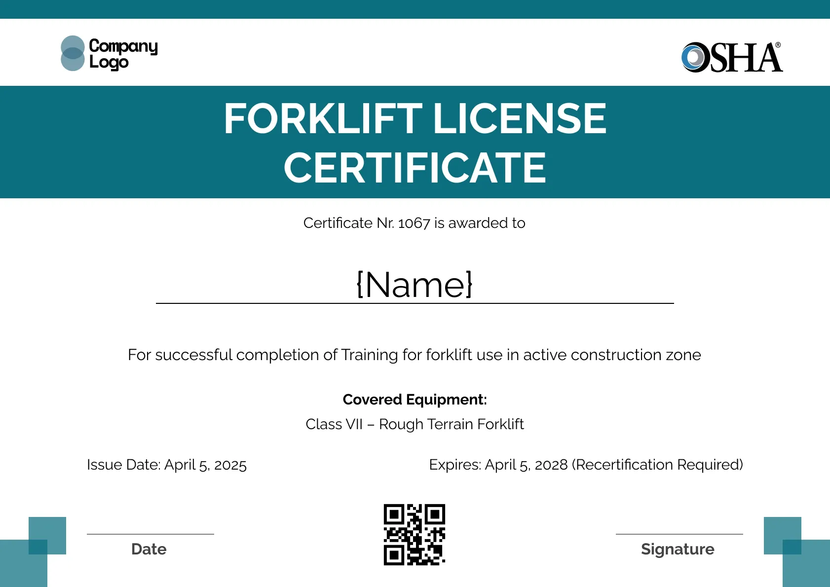 Sleek forklift certificate template