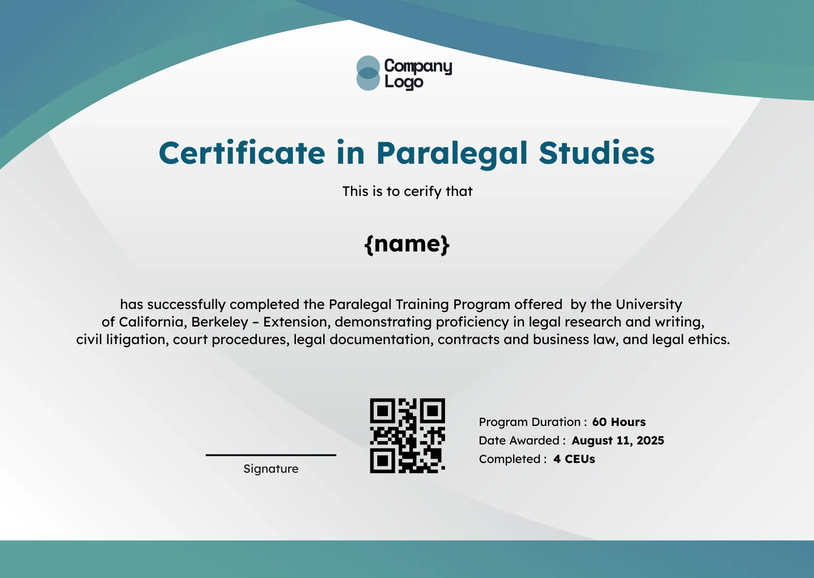 Soft Minimal Paralegal Certificate Template