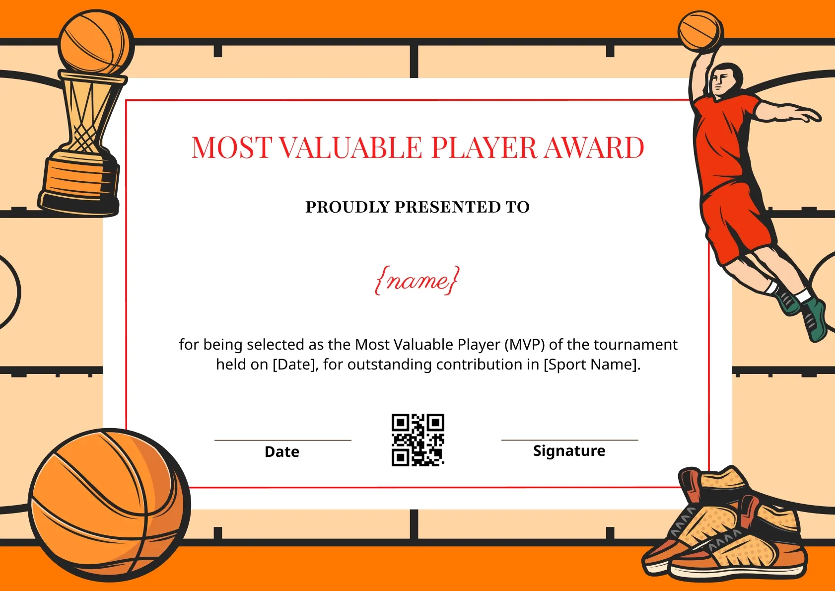 Spirited and animated basketball MVP certificate template