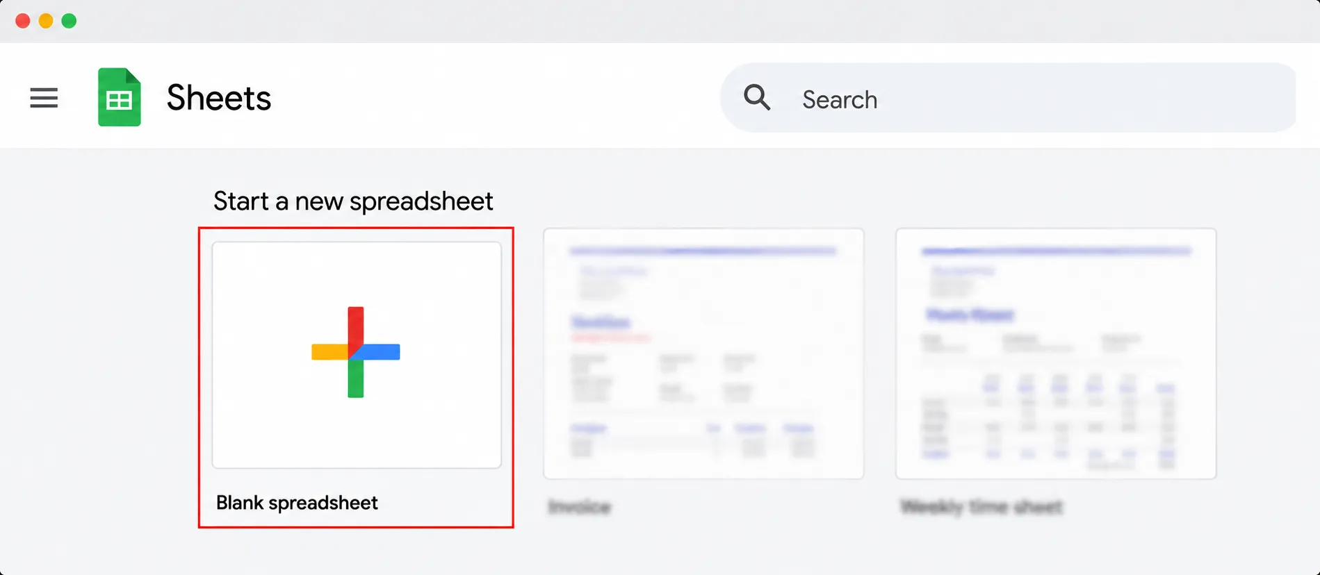 The Google Sheets start page with the Blank spreadsheet tile highlighted, next to the Invoice and Weekly time sheet templates