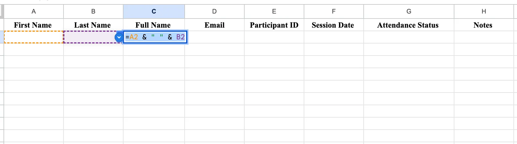 Cell C2 of a Google Sheet being edited with the formula equals A2 ampersand space ampersand B2, with cells A2 and B2 outlined in orange and purple to show the references