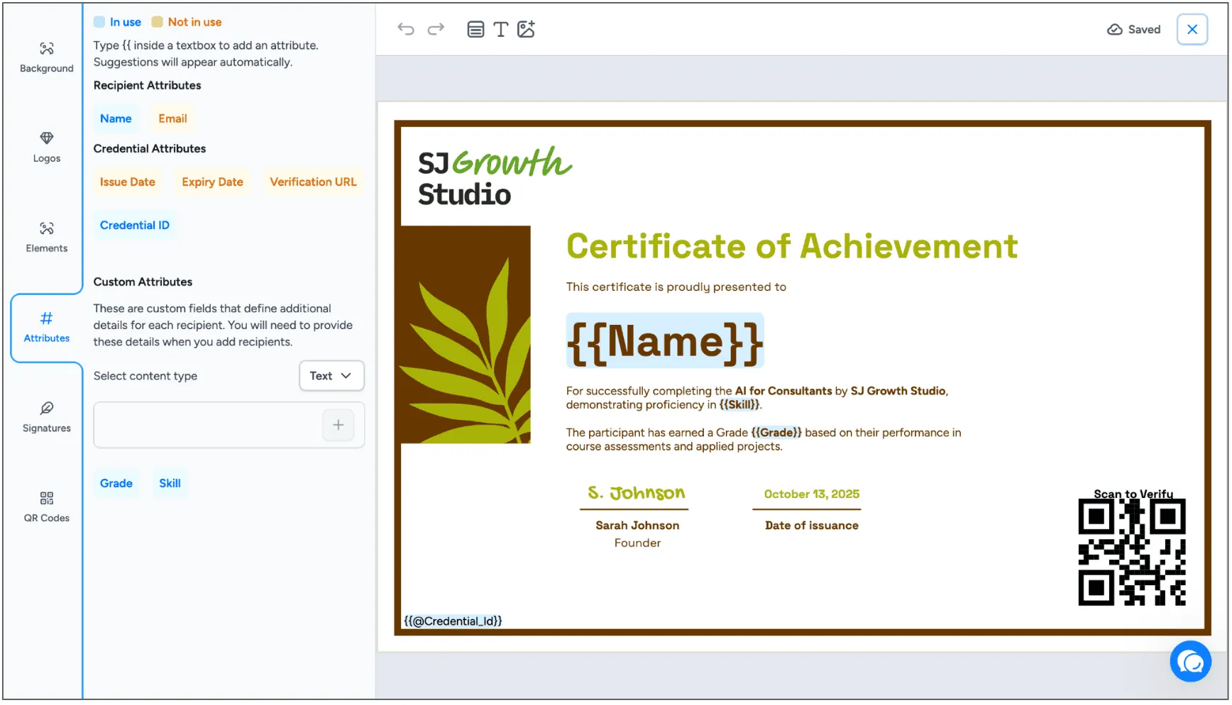 Adding dynamic attributes such as name, grade, and skill to a certificate design in Wauld