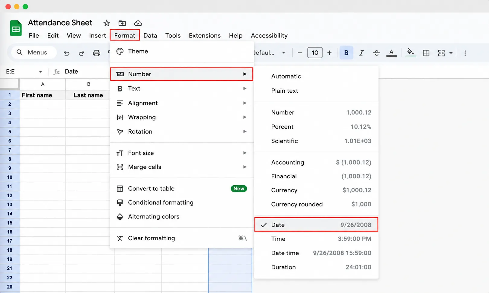 The Google Sheets Format menu open with Number highlighted and its submenu showing Date selected with a checkmark