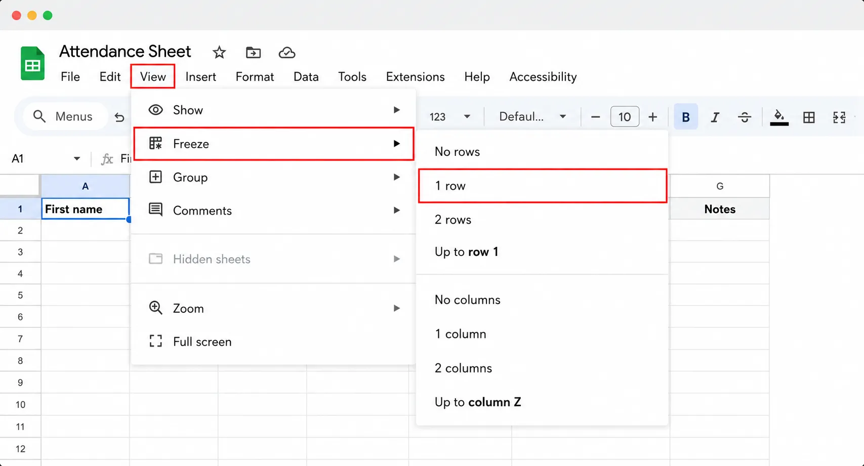 The Google Sheets View menu open with Freeze highlighted and its submenu showing the 1 row option selected