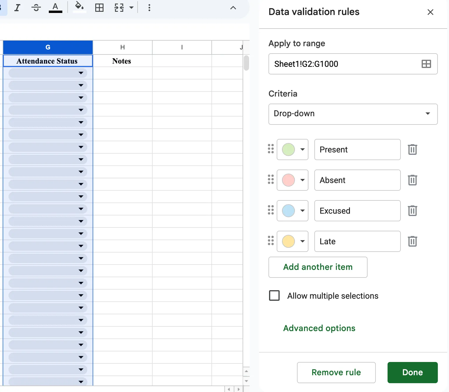 The Google Sheets Data validation rules panel applying a drop-down to range Sheet1 G2 to G1000 with four colored options: Present in green, Absent in red, Excused in blue, and Late in yellow, beside an Attendance Status column of dropdown cells