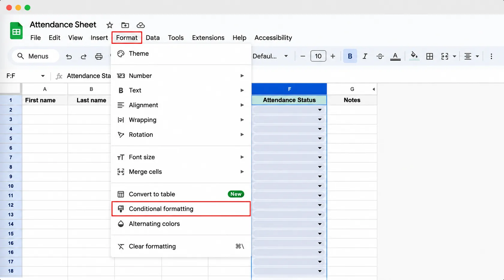 The Google Sheets Format menu open with Conditional formatting highlighted, while the Attendance Status column of dropdown cells is selected in the sheet behind it