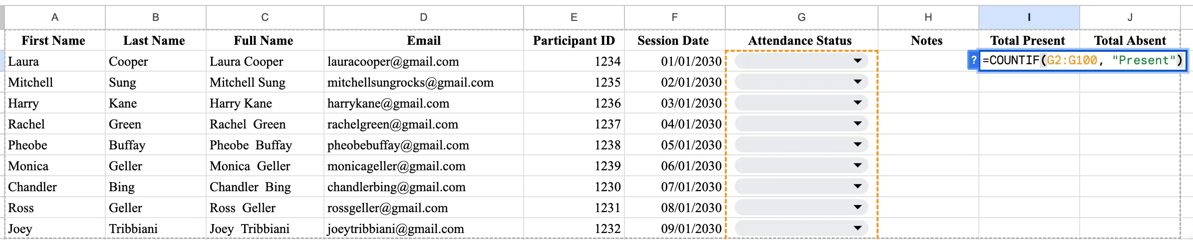 A COUNTIF formula counting Present across range G2 to G100 being entered in a Total Present column, with the Attendance Status column outlined in orange to show the range it reads