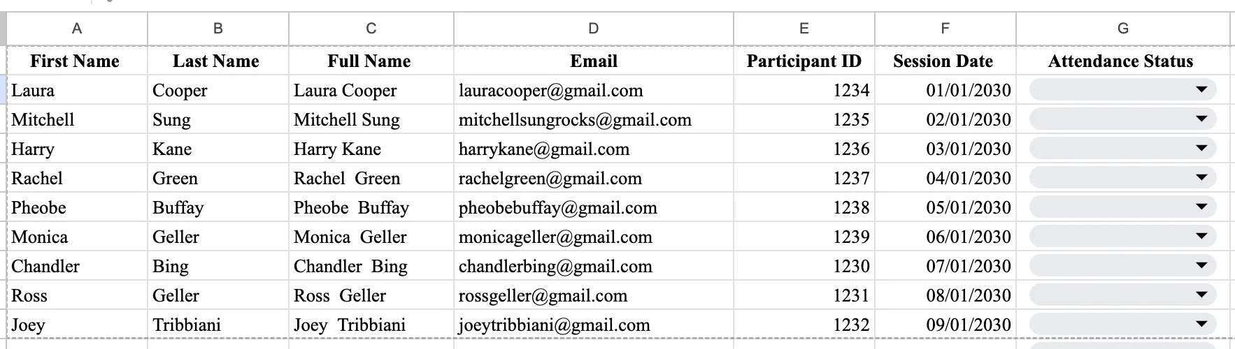 A Google Sheets attendance roster filled with nine sample participants showing first name, last name, full name, email, participant ID, session date, and an empty attendance status dropdown for each