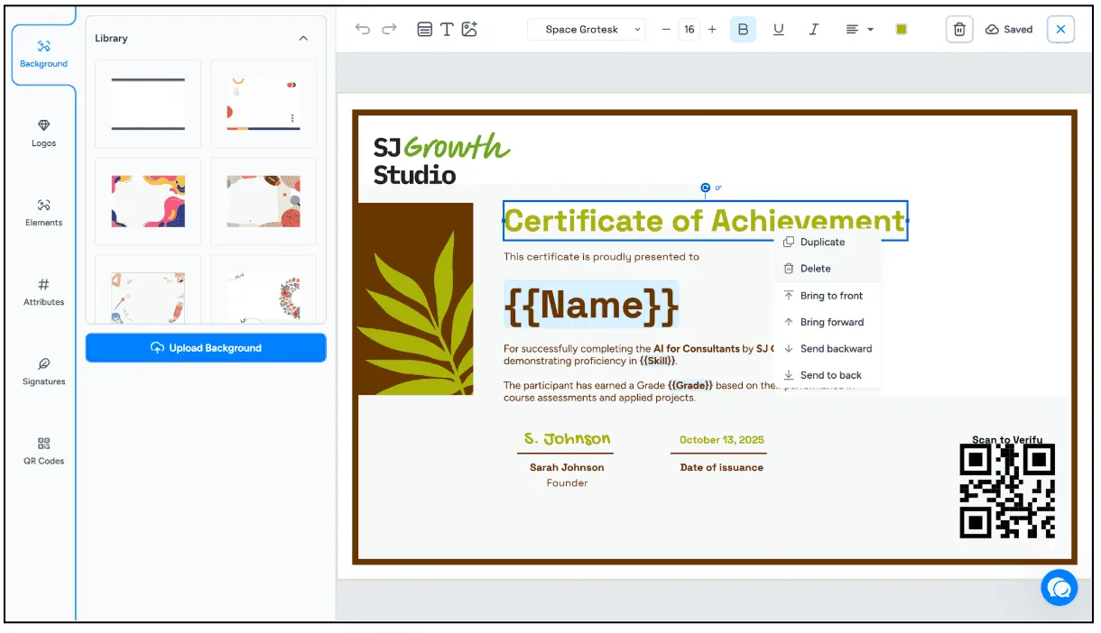 The Wauld certificate editor with a background library on the left and dynamic name and skill placeholders on the certificate