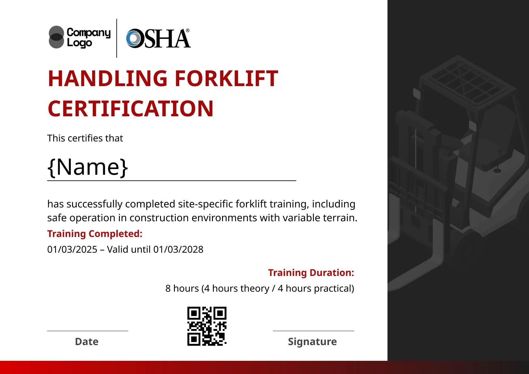 Striking forklift certificate template