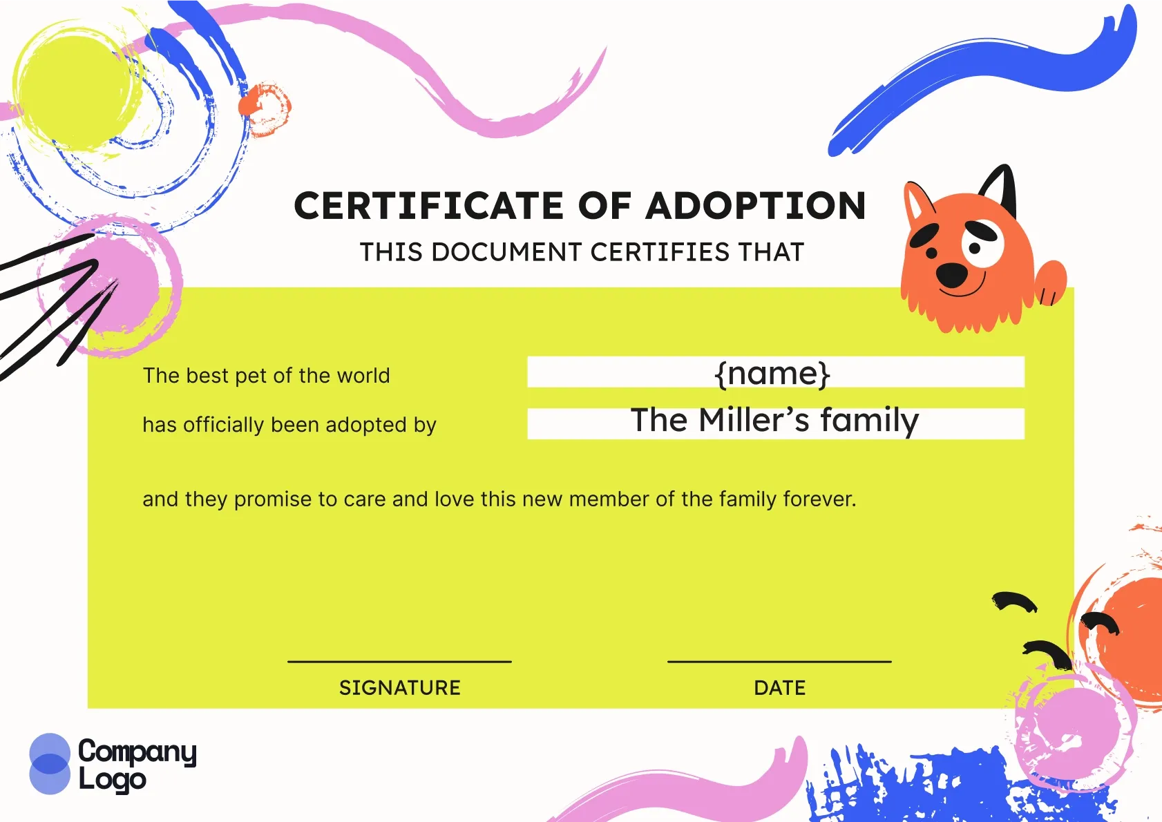 Stylish and modern certificate of adoption template