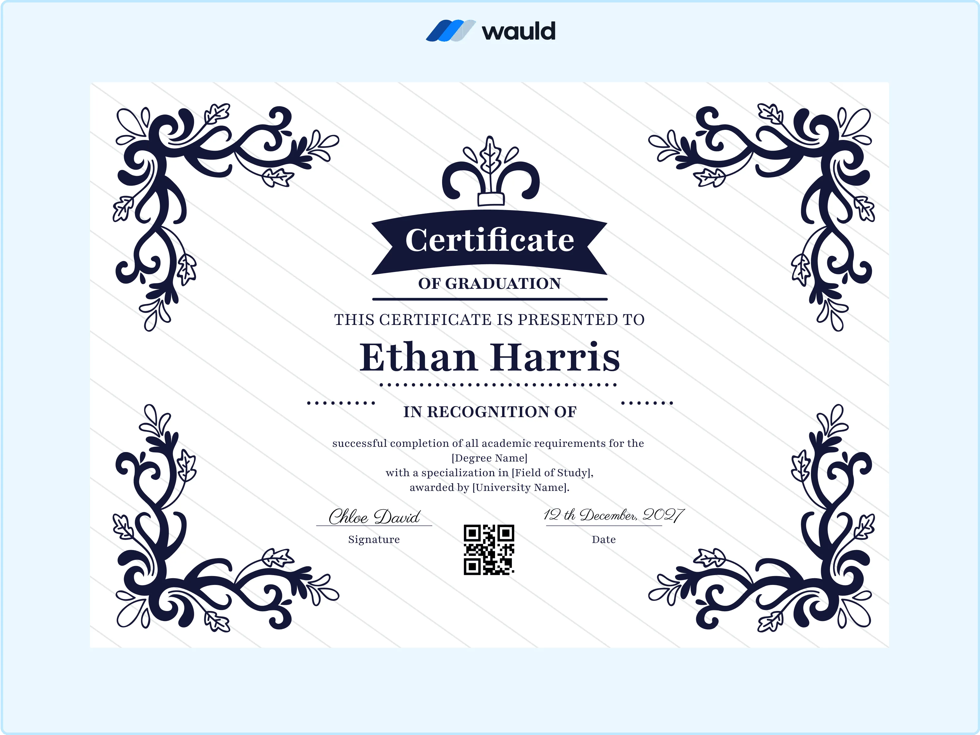 Wauld - Blue graceful graduation certificate template