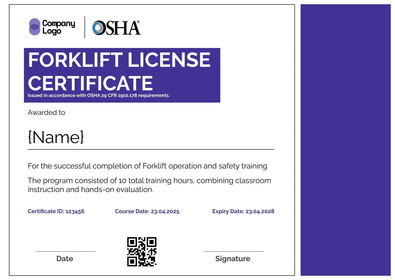 Stylish forklift certificate template
