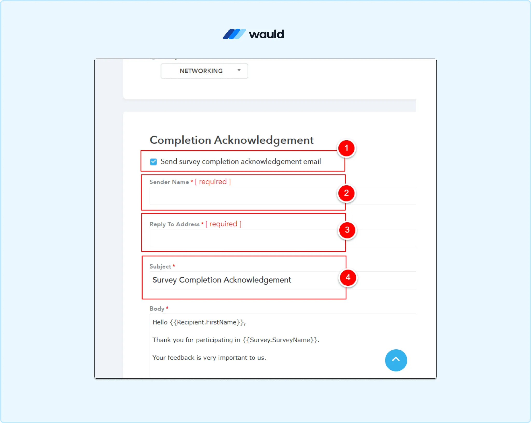 Eventleaf survey completion acknowledgement settings displaying email configuration fields including sender name, reply-to address, and subject line.