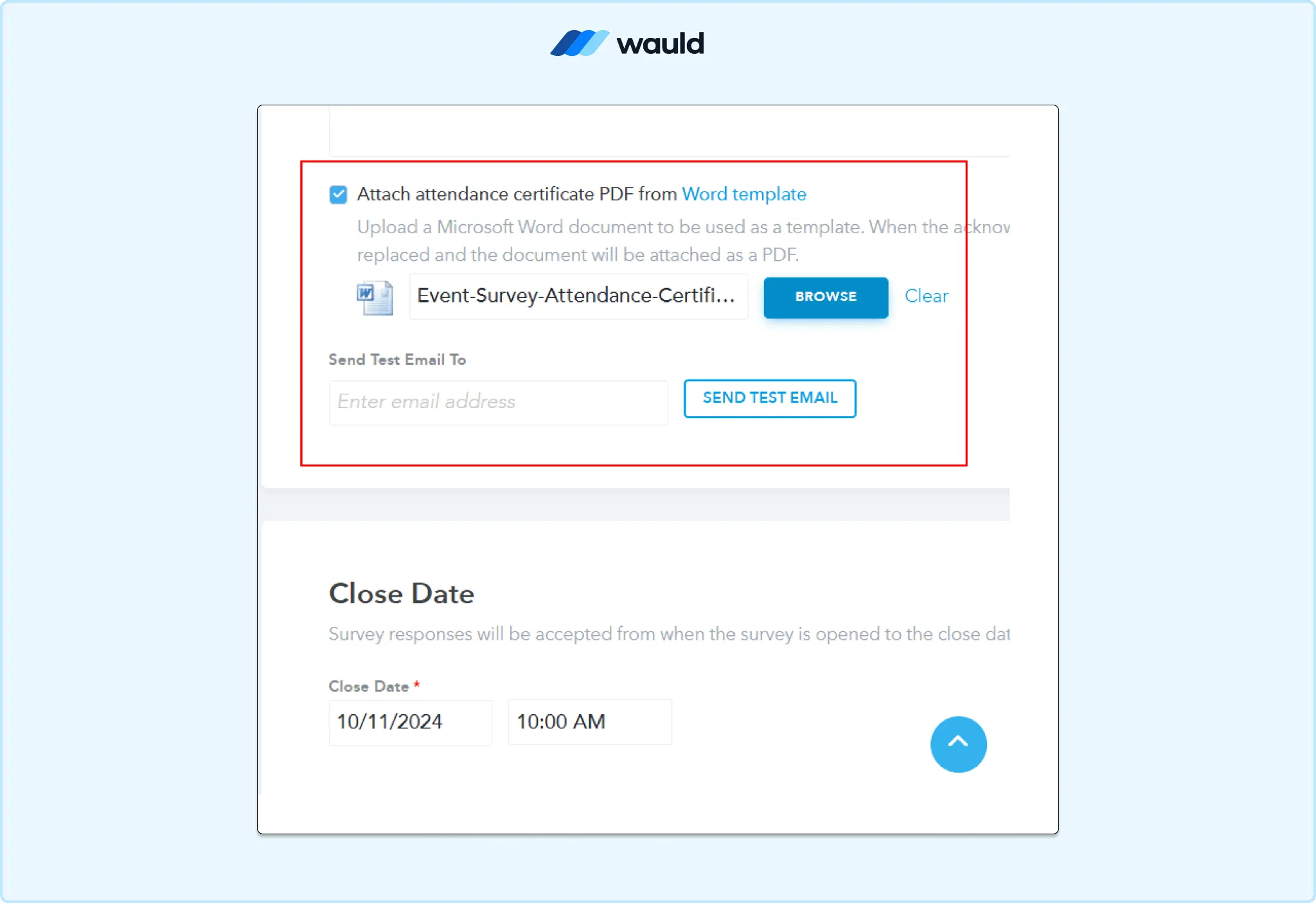 Eventleaf survey settings showing attendance certificate template upload option and test email functionality for certificate delivery.