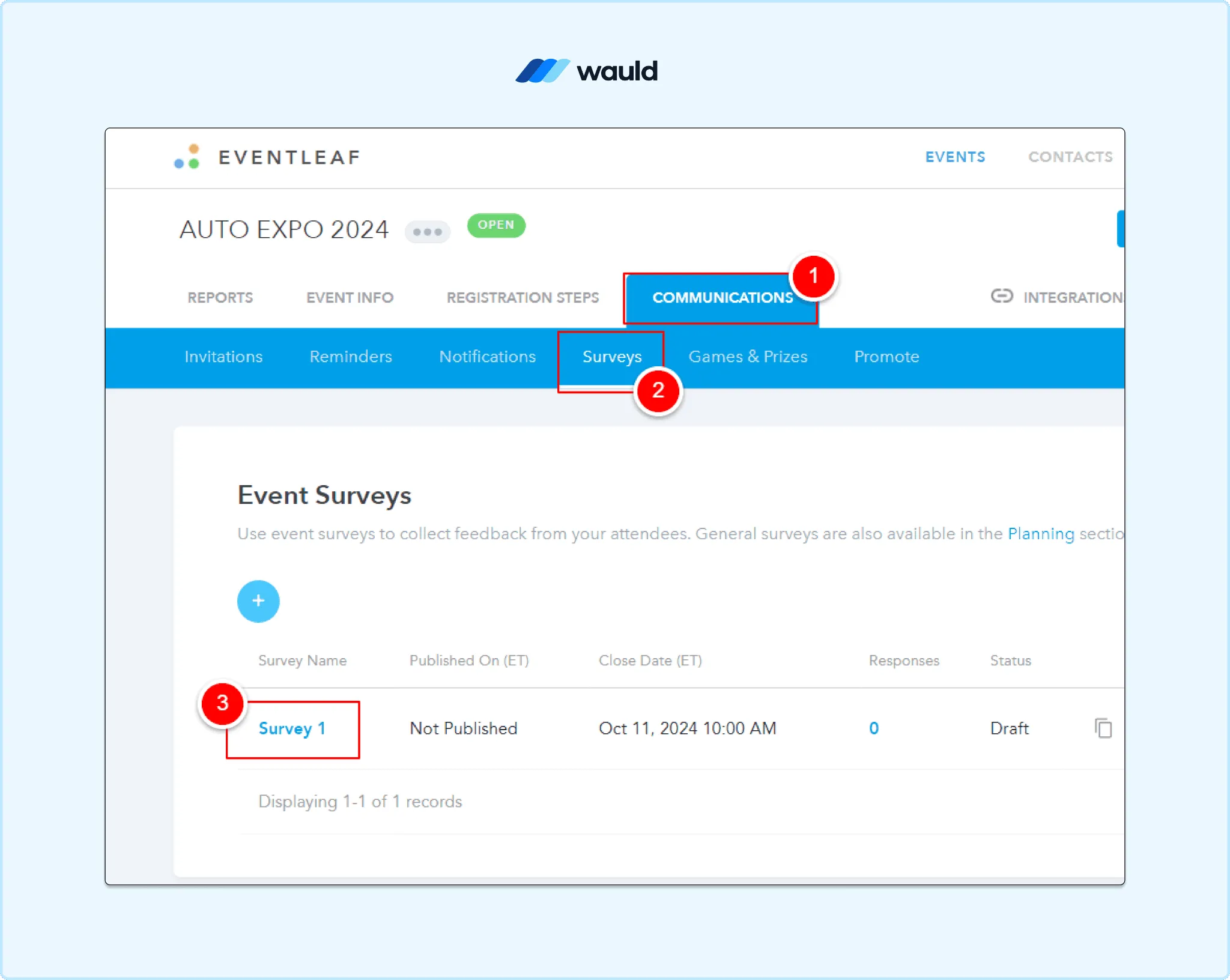 Eventleaf event dashboard showing Communications > Surveys menu where organizers can access and manage event surveys for certificate issuance.