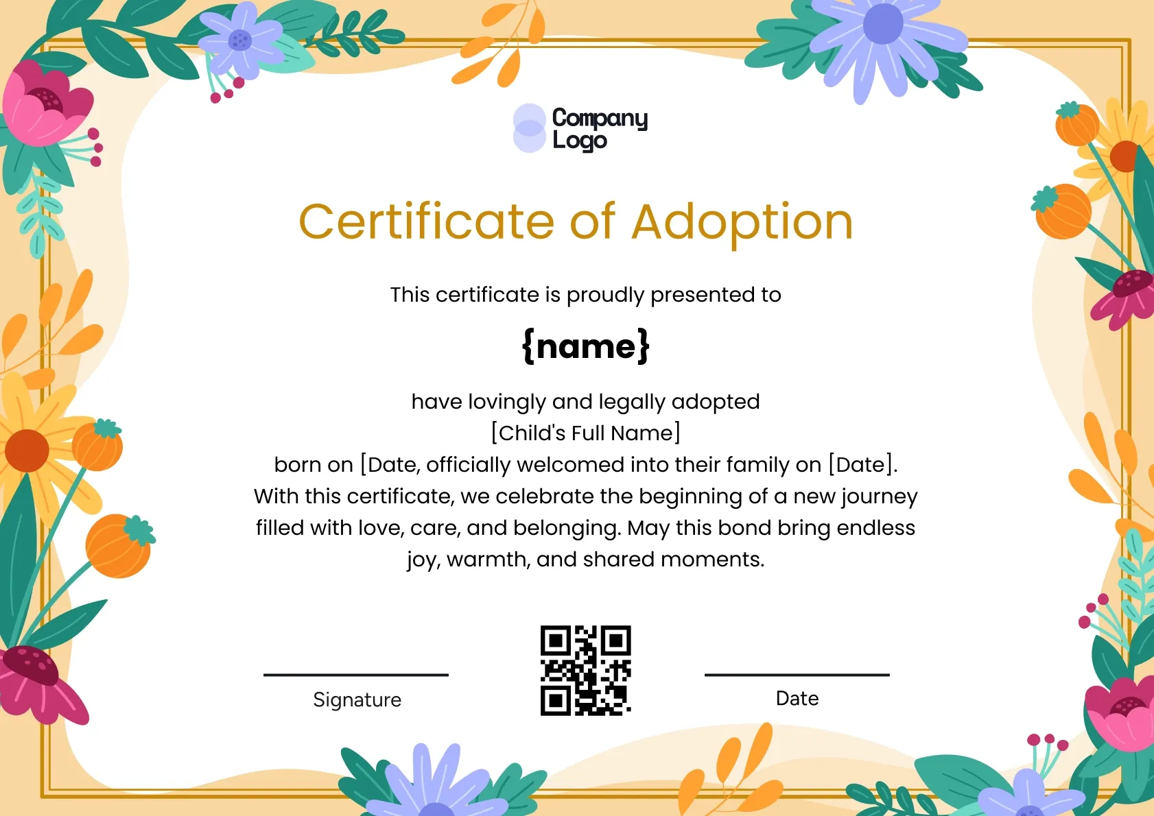 Tender Family Adoption Certificate Template