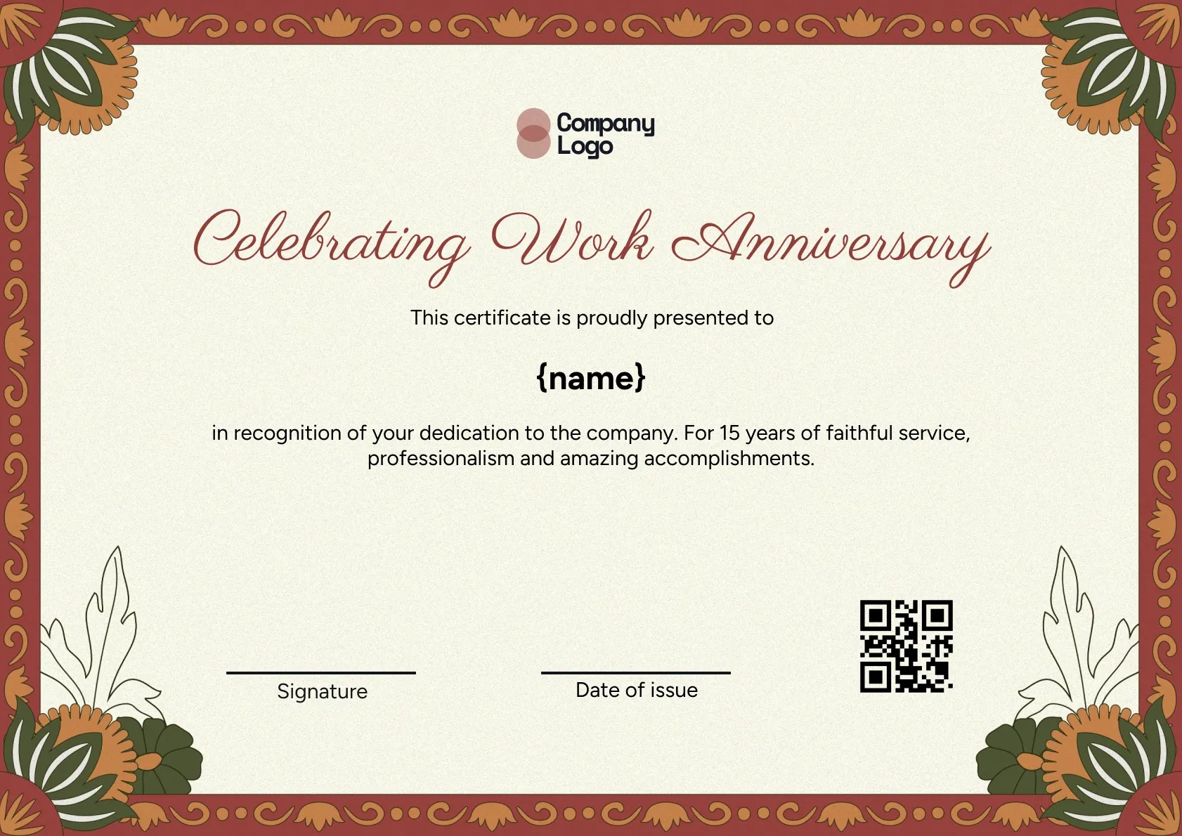Timeless Work Anniversary Certificate Template