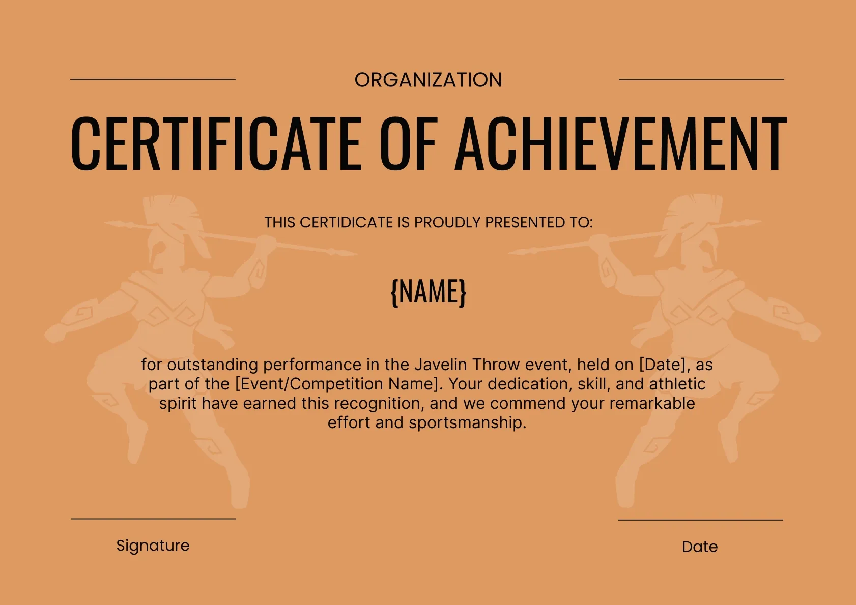 Traditional and formal javelin throw certificate template