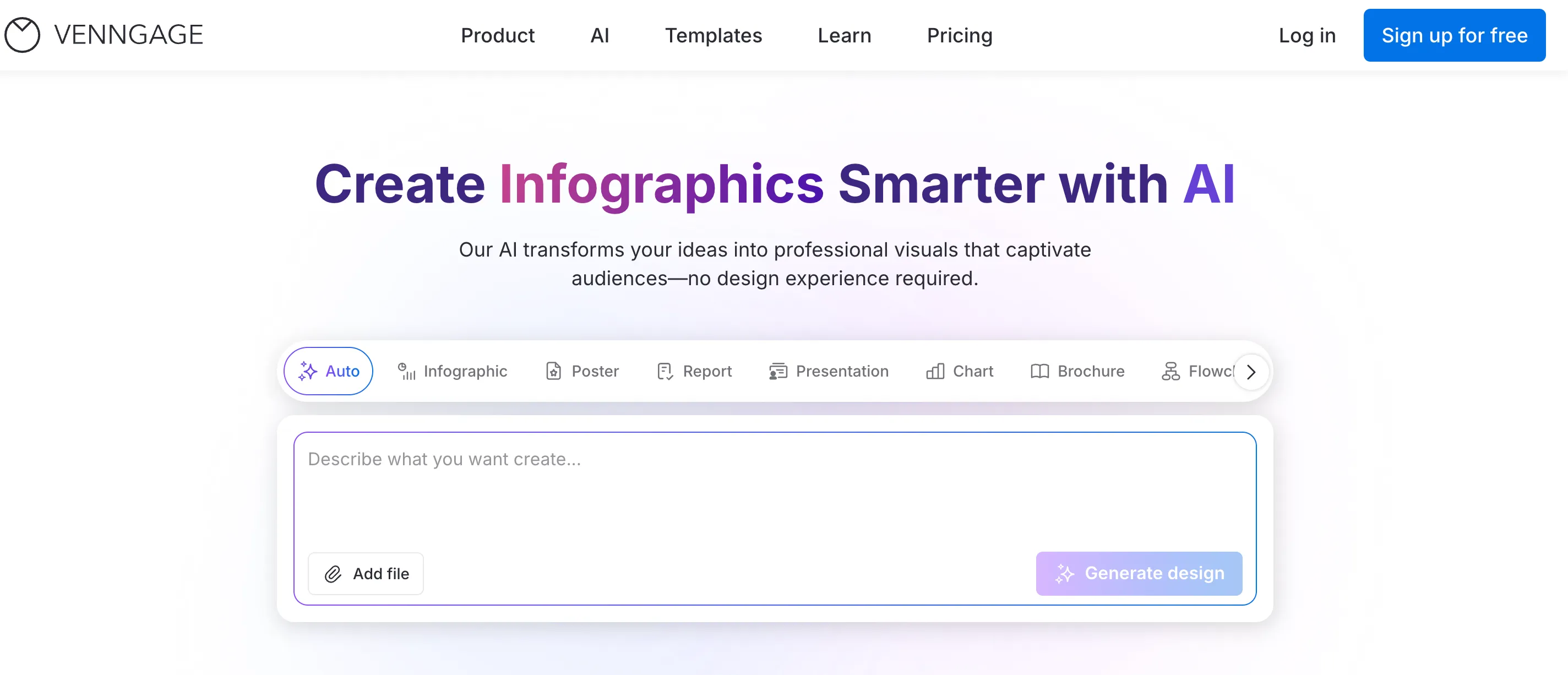Venngage homepage headlined Create Infographics Smarter with AI, showing a prompt box for generating designs