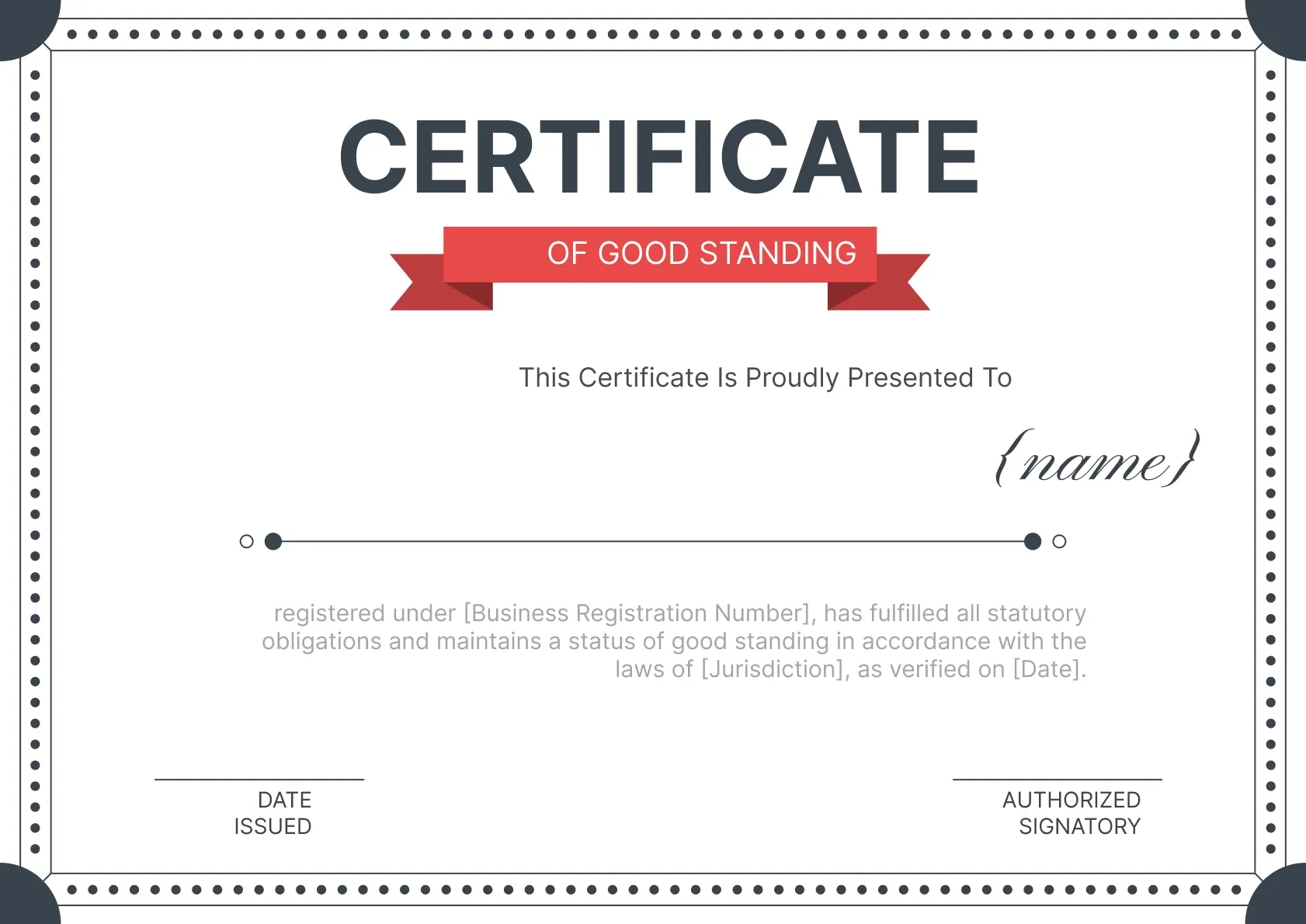 Verifiable and Professional Certificate of Good Standing Template