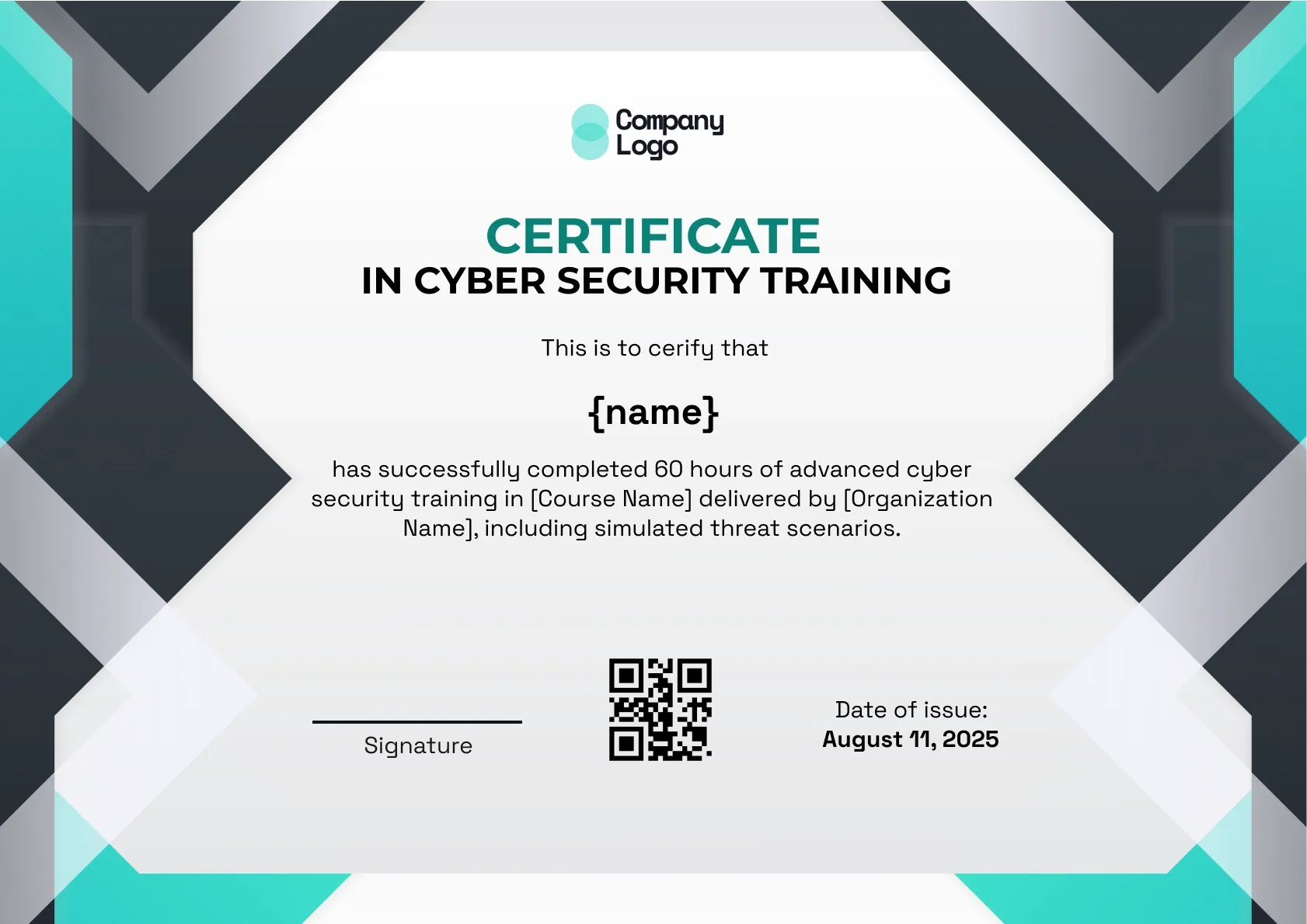 Verified Cyber Security Professional Certificate Template