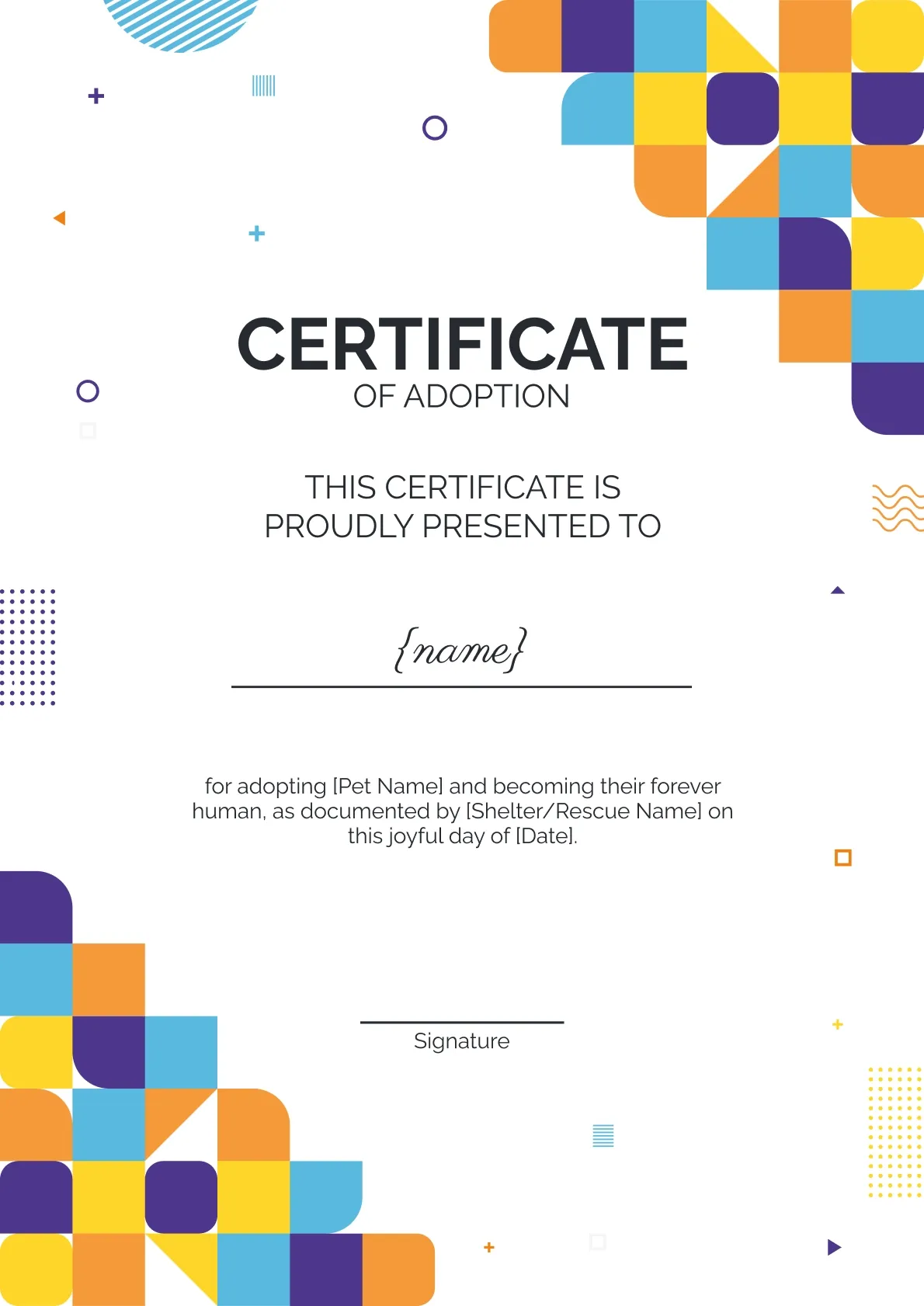 Vibrant and animated adoption certificate template