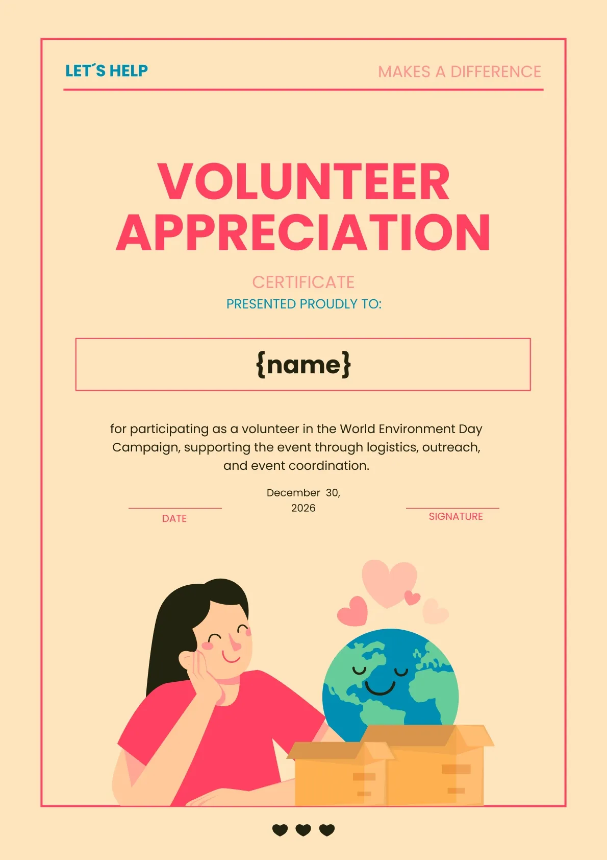 Vibrant and animated volunteer appreciation certificate template