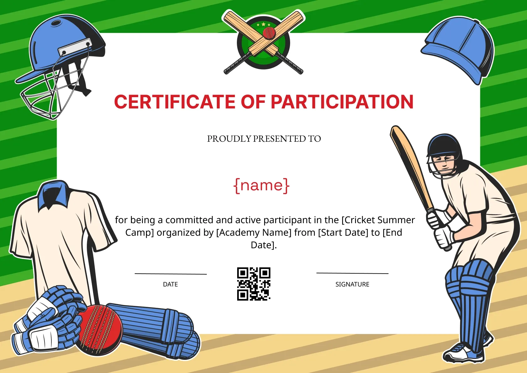 Vibrant and colorful certificate of participation for cricket