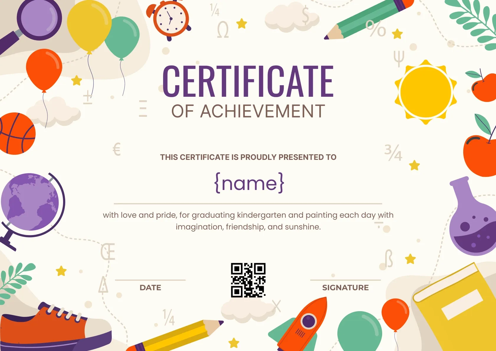 Vibrant and colorful kindergarten achievement certificate template