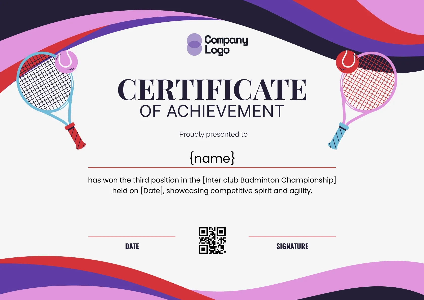 Vibrant and lively badminton certificate template