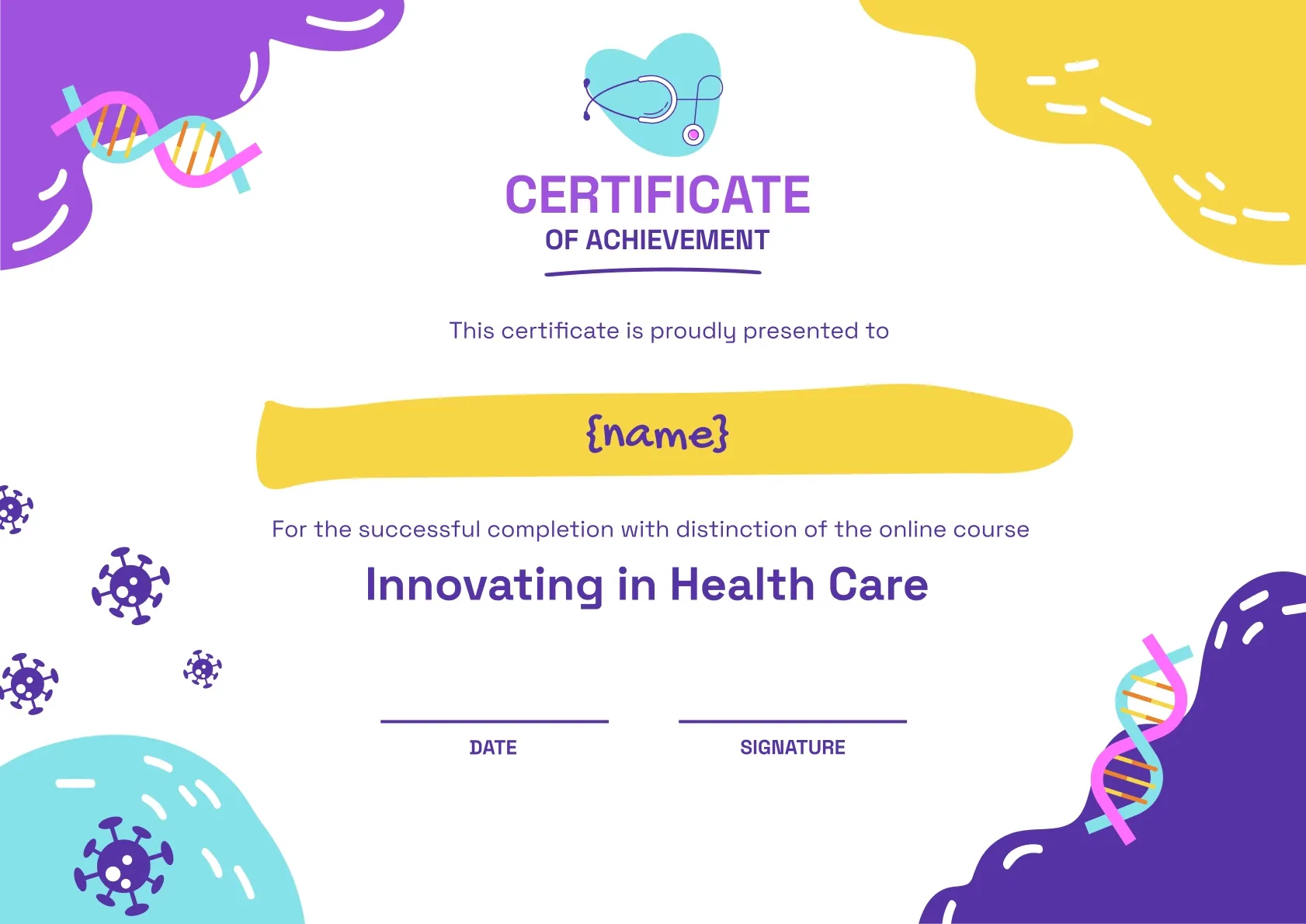 Vibrant and lively healthcare course completion certificate template