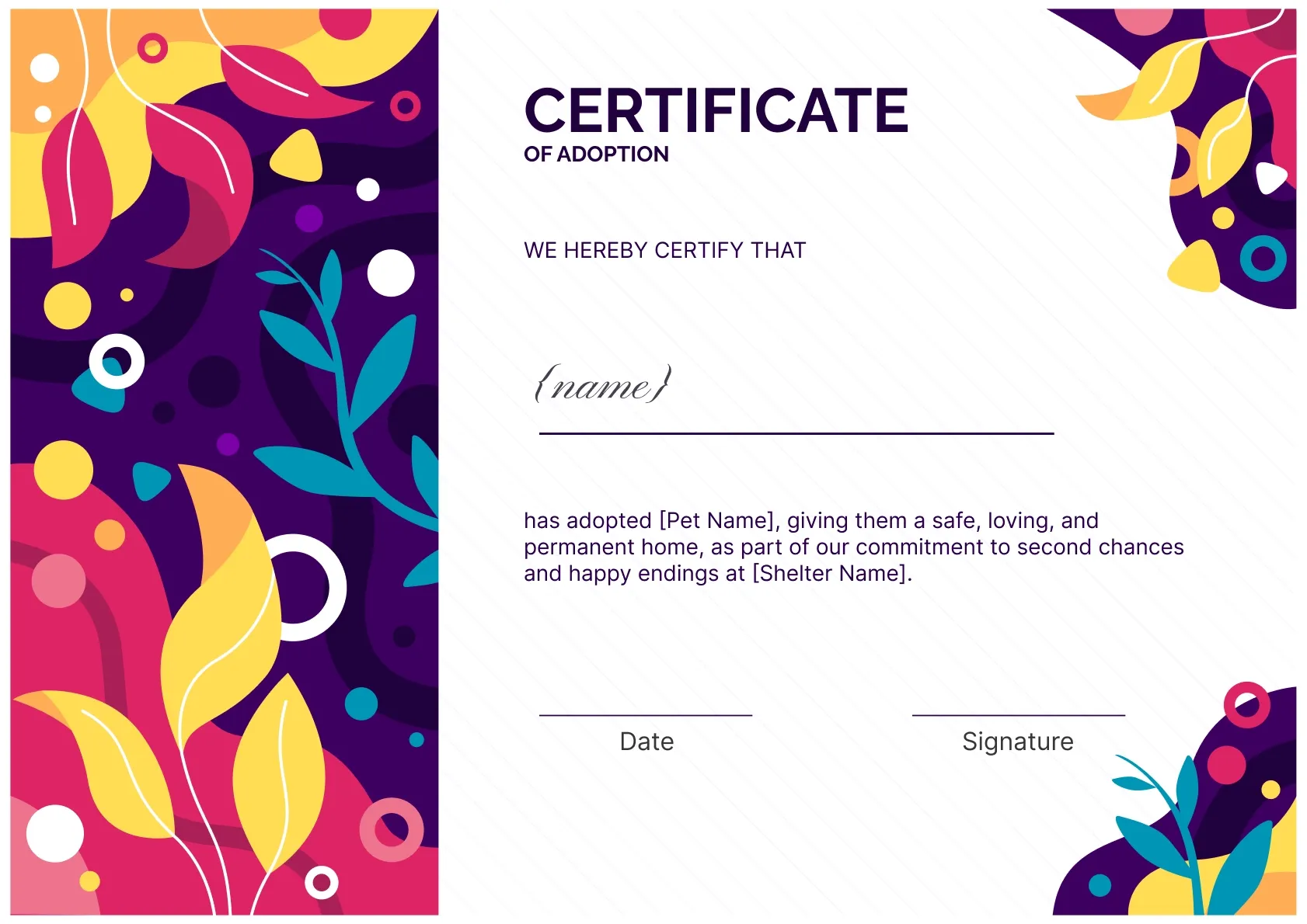 Vibrant and Lively pet adoption certificate template