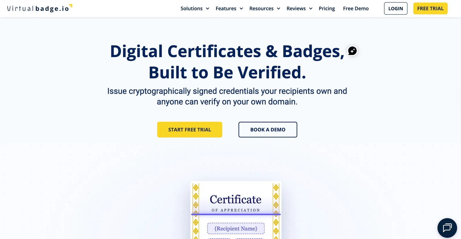 The Virtualbadge.io homepage, showing a verifiable certificate of appreciation