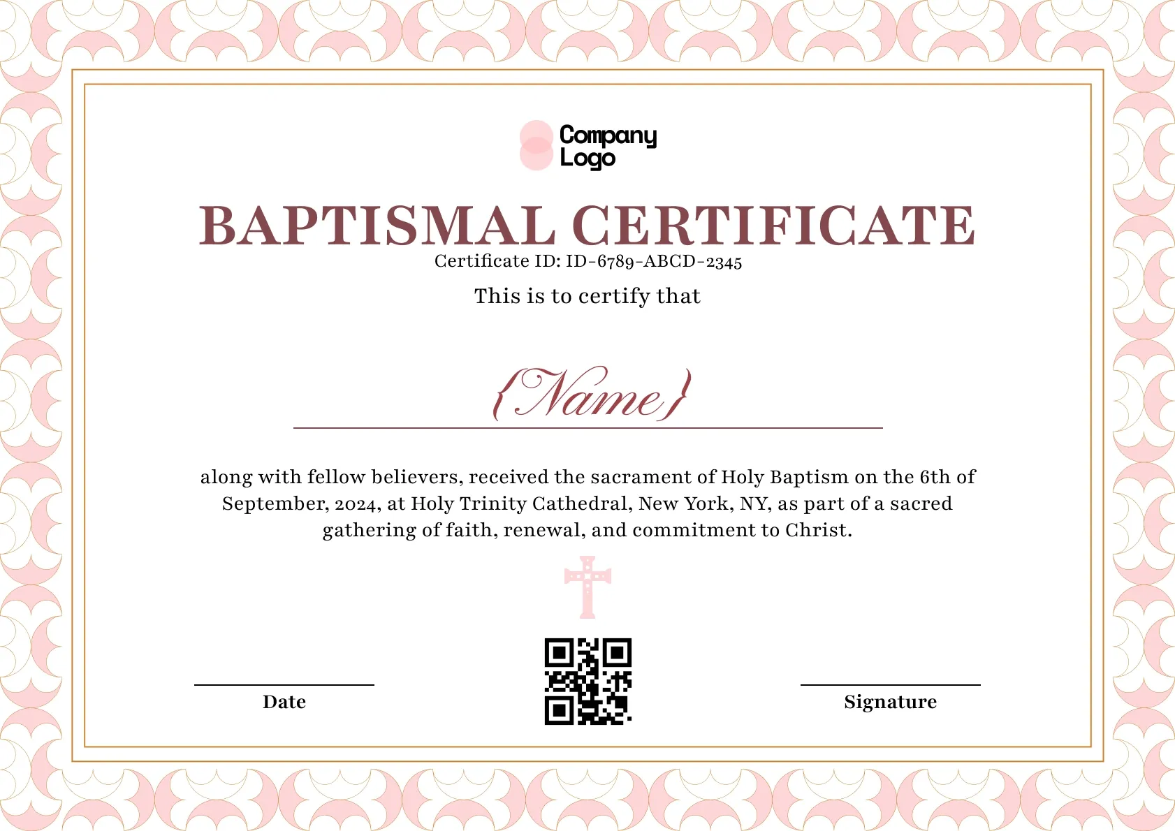 Pink baptismal certificate with a repeating scallop border, thin gold frame, and a small cross.