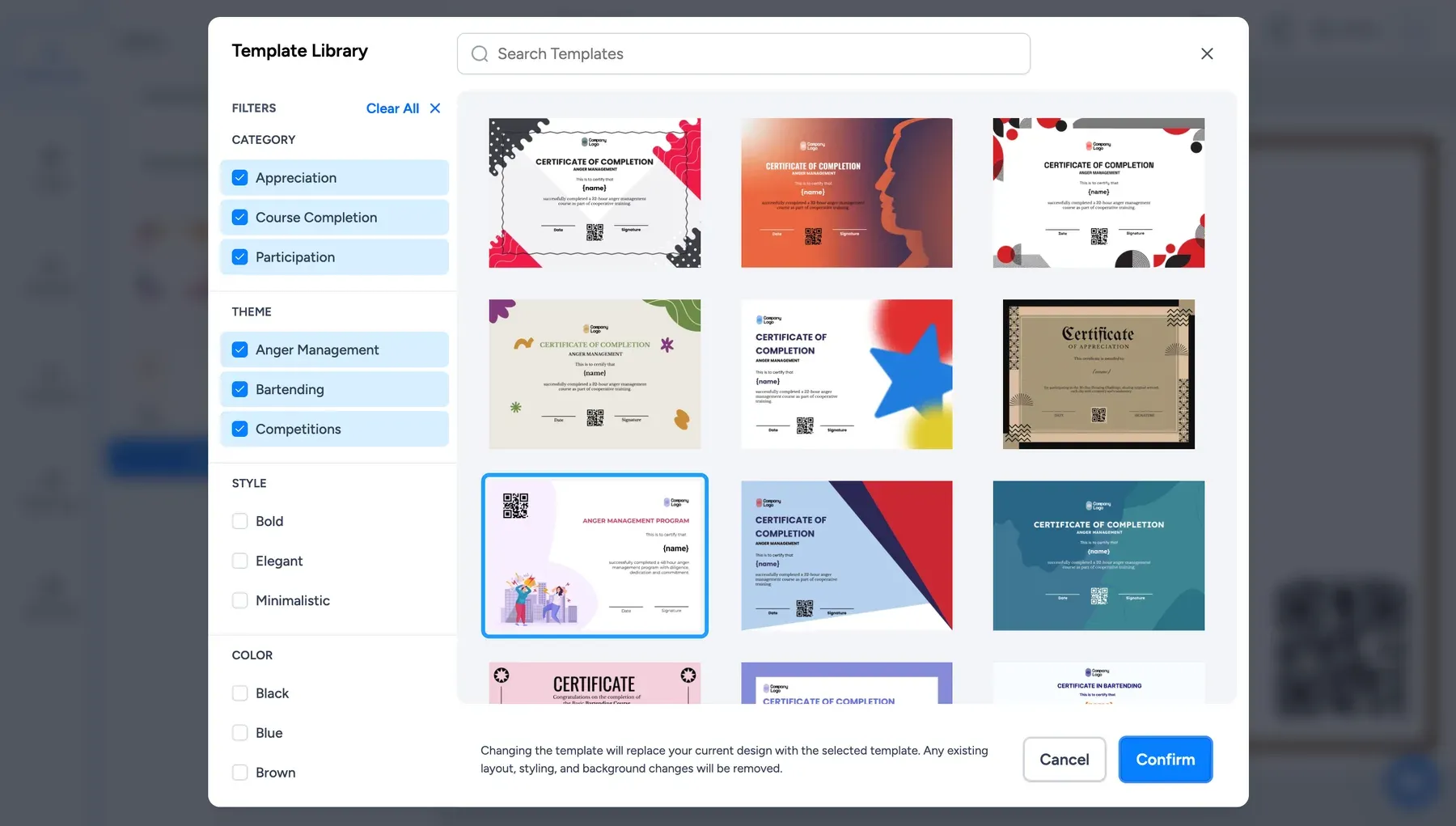 Wauld template library showing dozens of ready-made certificate designs with filters for category, theme, style, and color