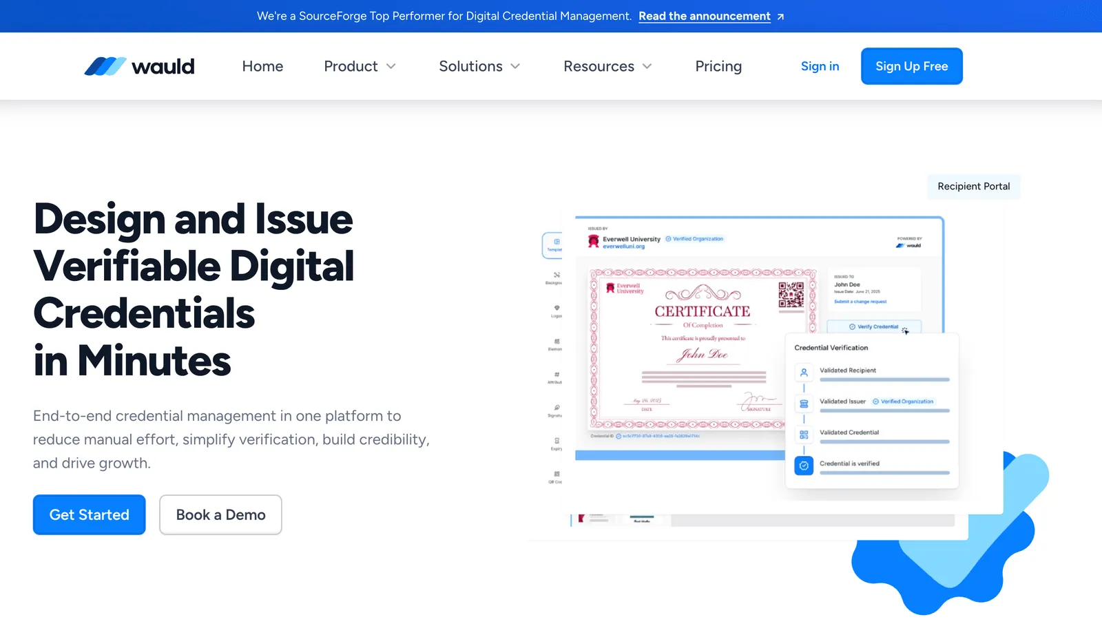 The Wauld homepage headline reading Design and Issue Verifiable Digital Credentials in Minutes, beside a certificate in the designer and a credential verification panel