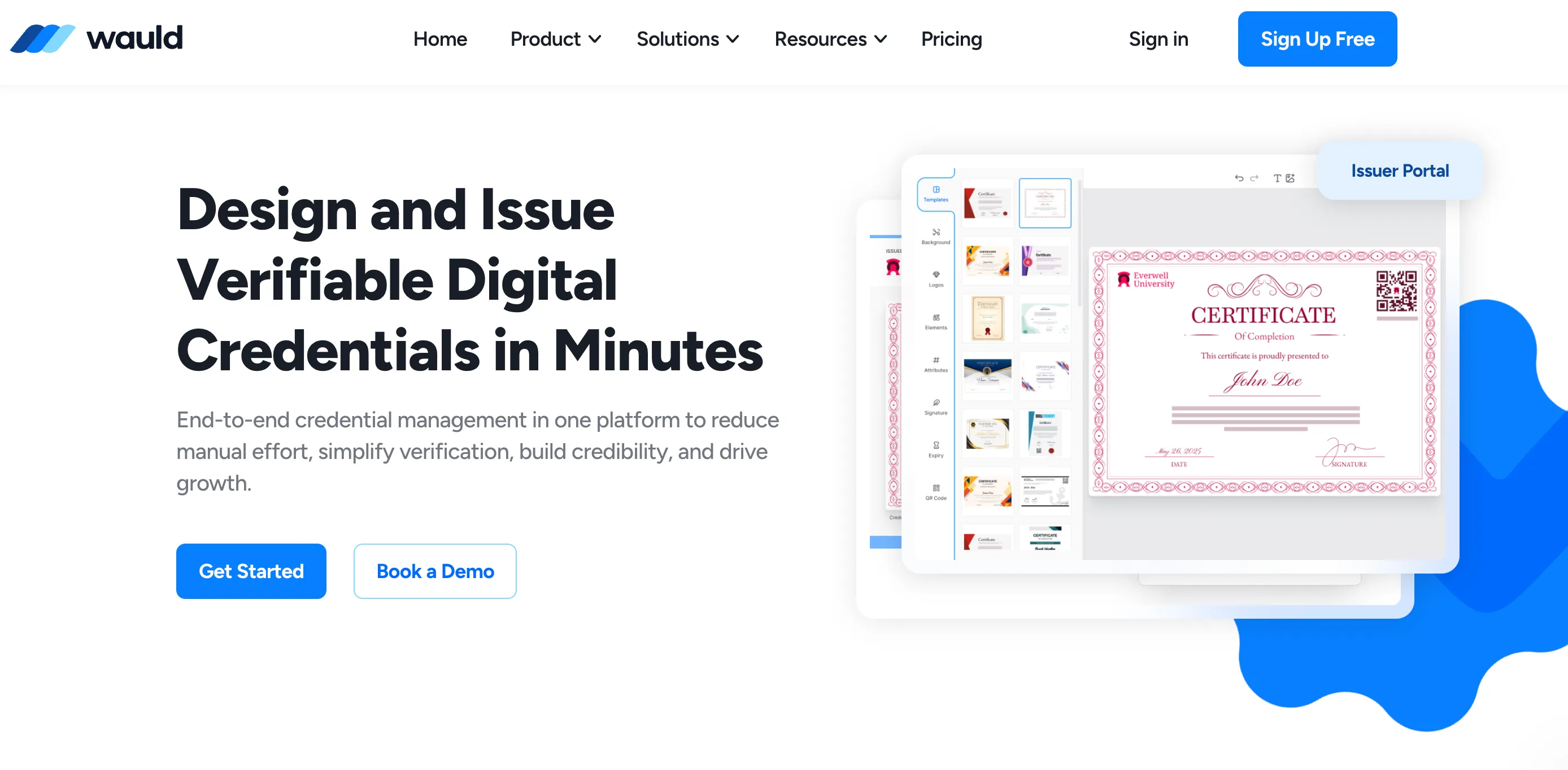 Wauld homepage showing the certificate and gift certificate design editor