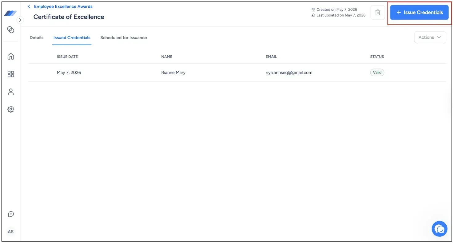 A Wauld certificate document with its issued credentials list and the Issue Credentials button highlighted in the top right