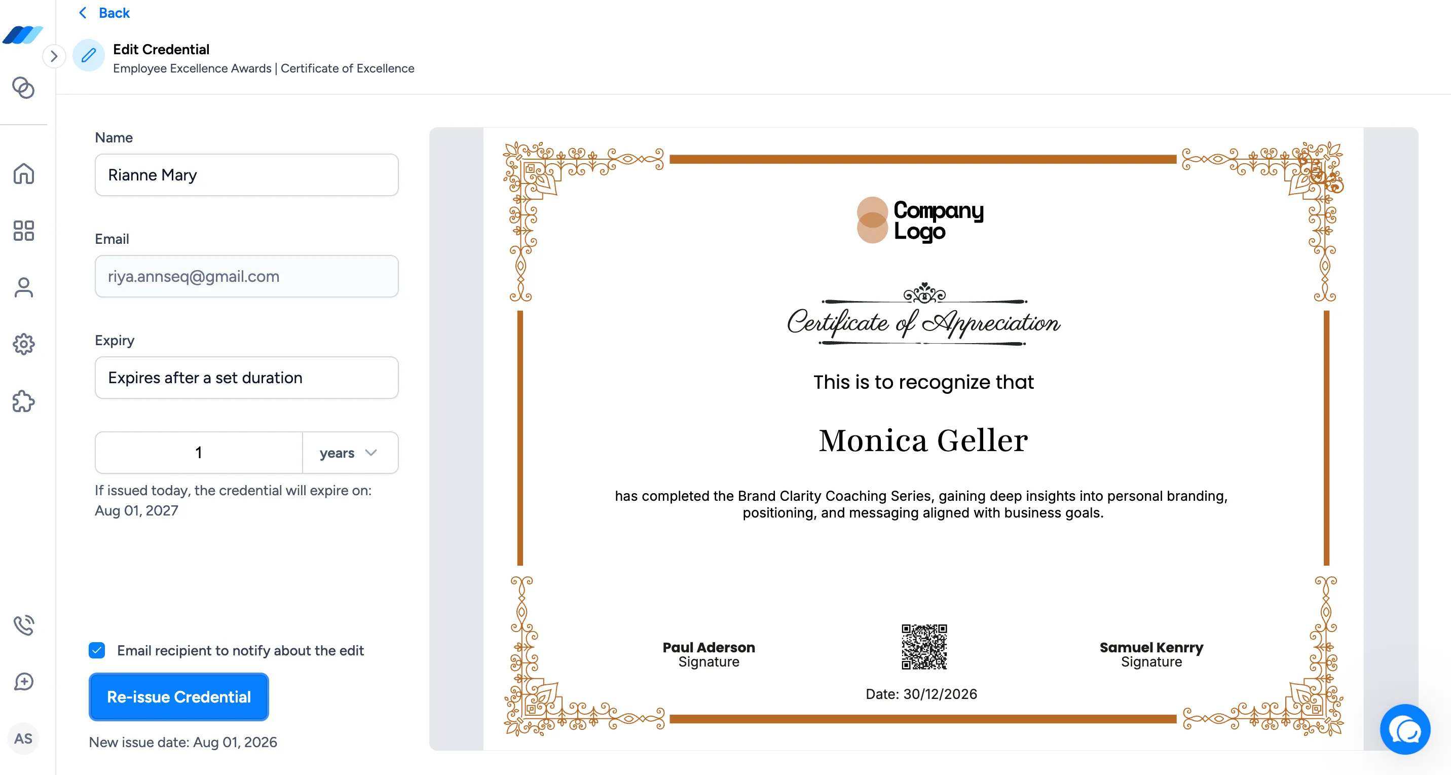 Wauld edit credential screen setting a certificate to expire after a set duration of one year