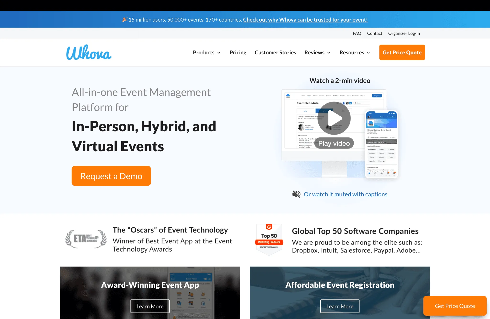 Whova homepage showcasing its all-in-one event management platform for in-person, hybrid, and virtual events, featuring event registration tools, attendee engagement solutions, customer awards, and a product demonstration video.